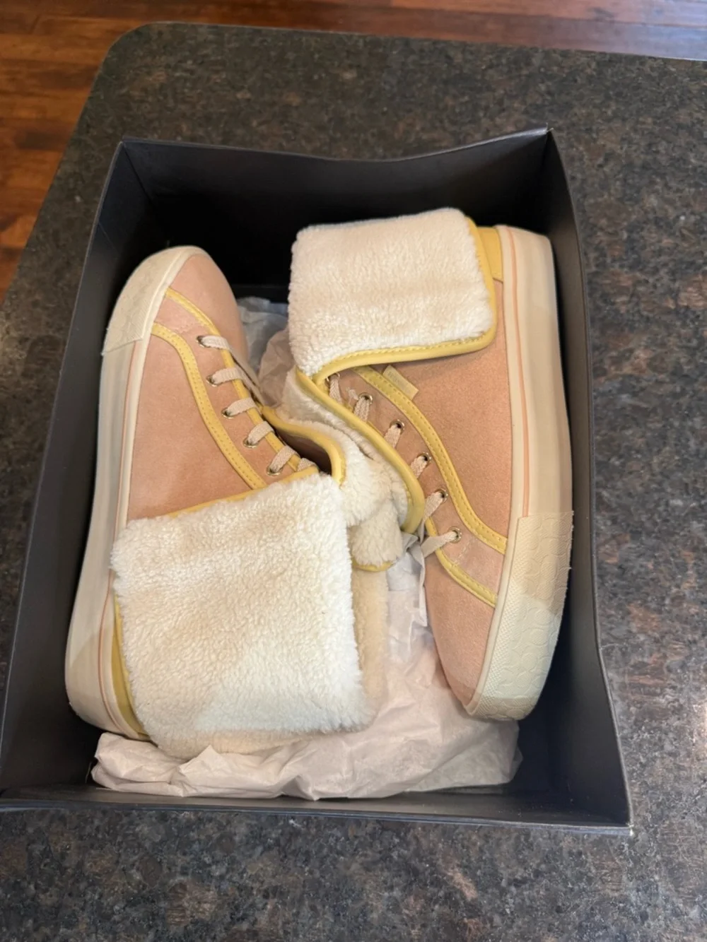 Coach City Soul Suede Fold Over Shearling Sneakers in Blush and Cream
